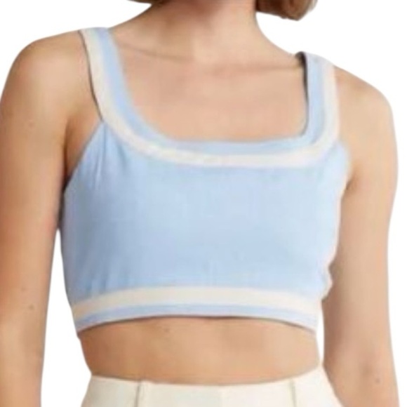 AVEC LES FILLES Linen Blend Colorblock Crop Top In Ice Blue SZ M new - Picture 4 of 10